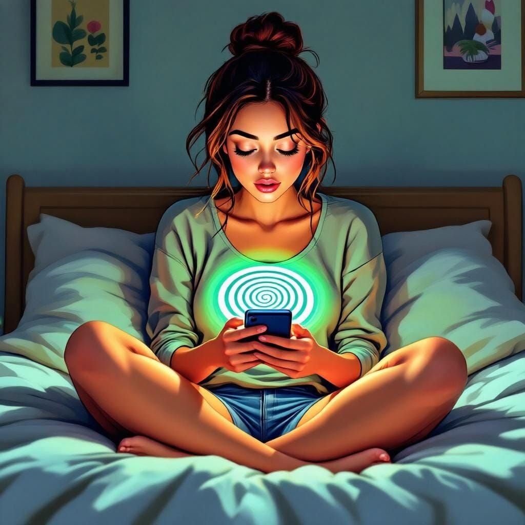 Hypnotized Woman Gazing at Spiral Phone Screen
