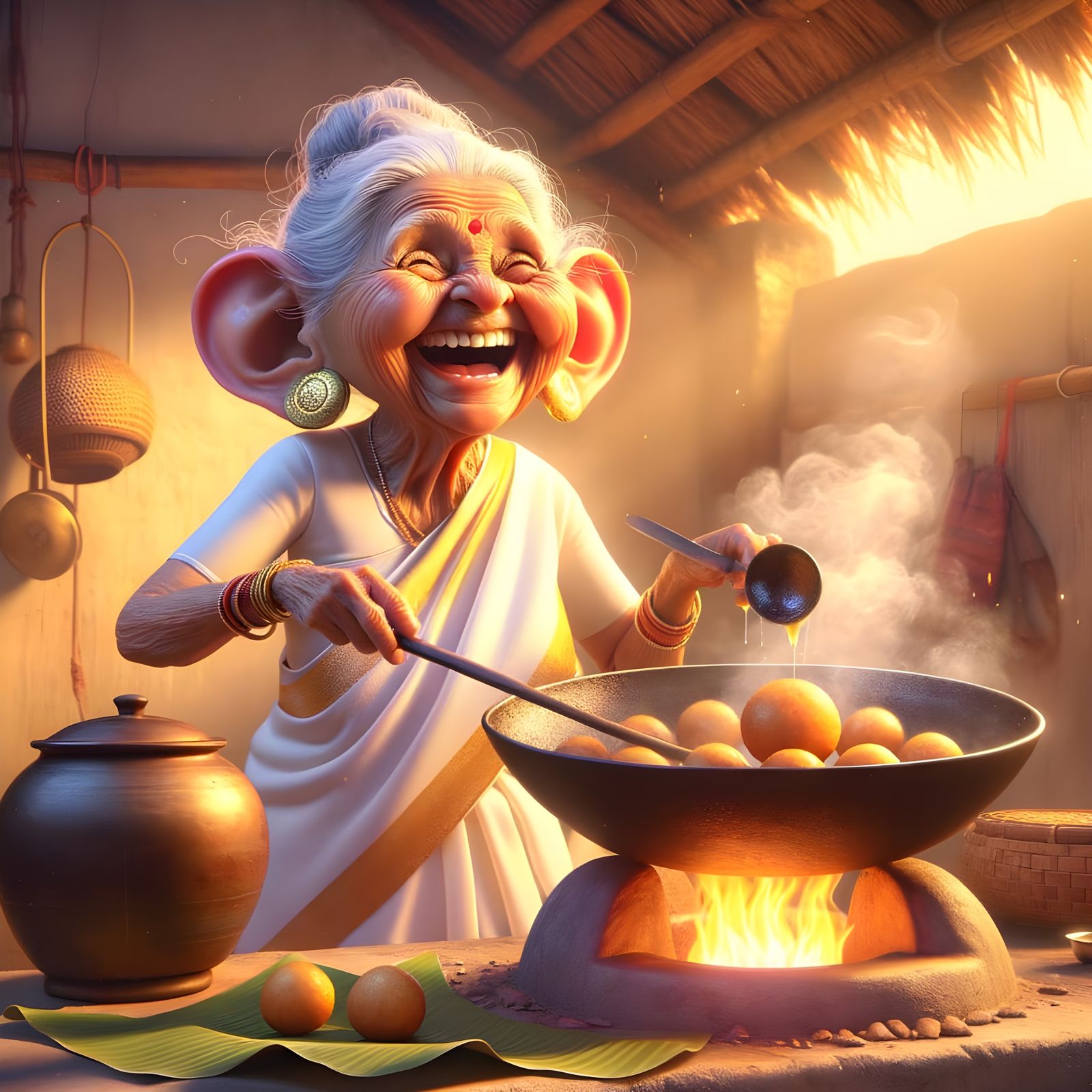Joyful South Indian Woman Cooking Neyyappam in Cartoon Style