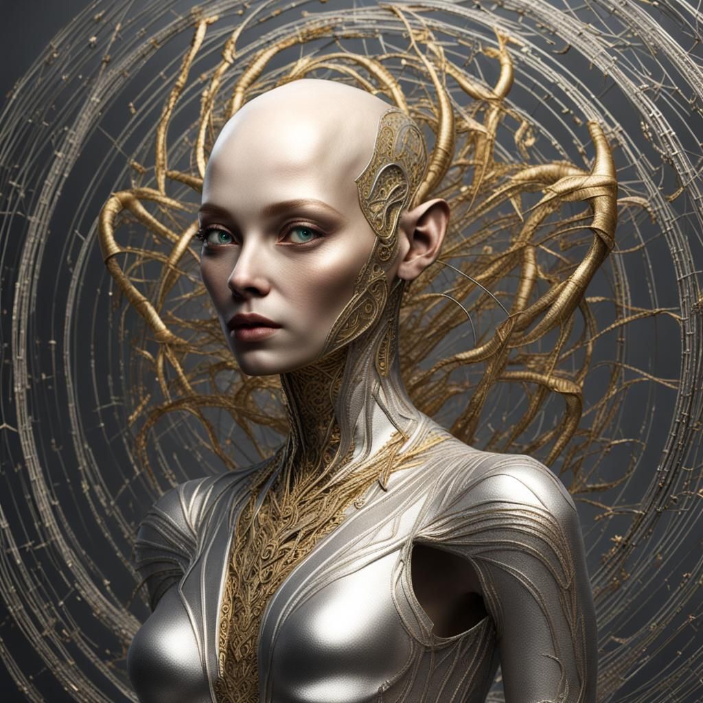 Kindly Alien Elder with Golden Eyes and Silver Suit