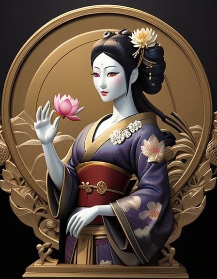 Geisha Bas-Relief Sculpture with Lotus Blossom