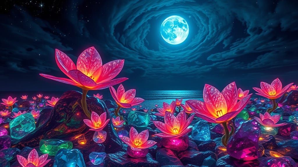 Bioluminescent Flowers Mosaic on a Moonlit Beach