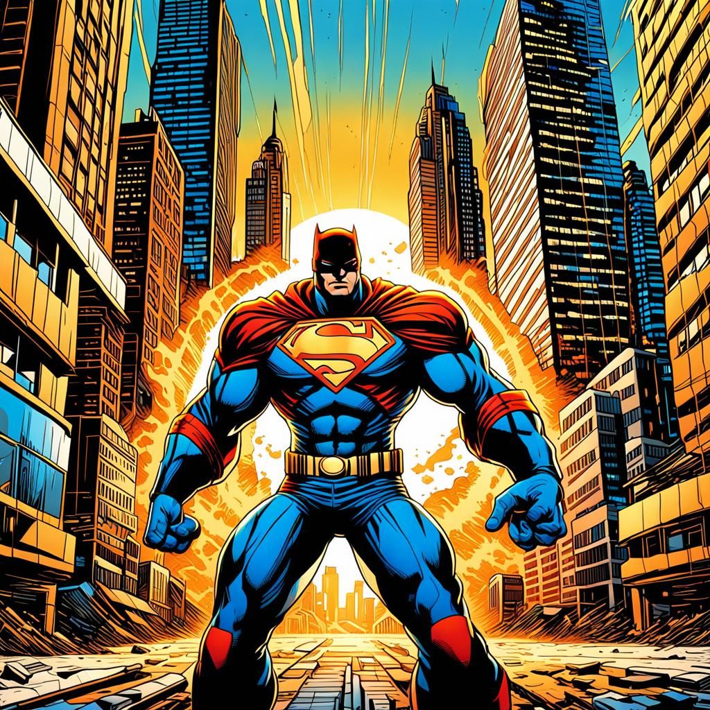 Superhero in Cityscape: Comic Book Style Art