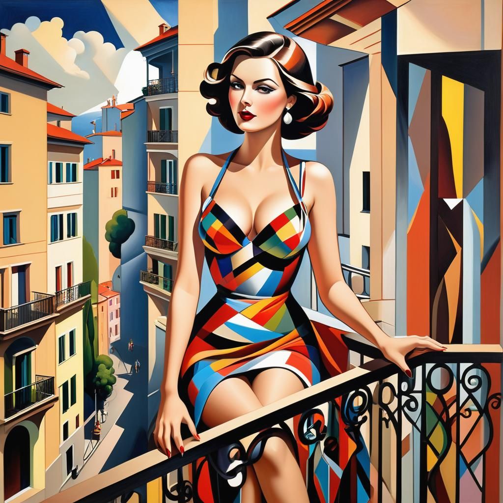 woman on a balcony, cubist style drawing inspiration from Eu...