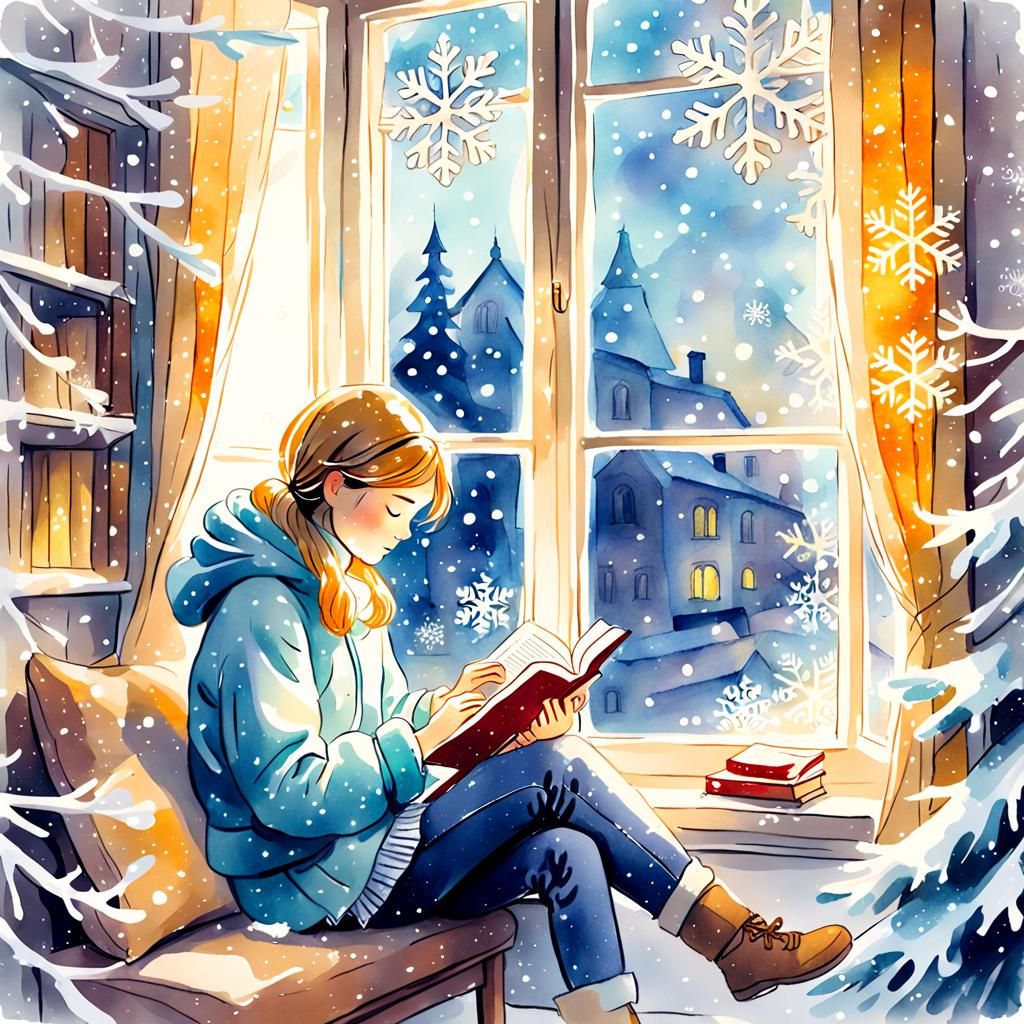 Cozy Winter Reading Scene in Watercolor Style
