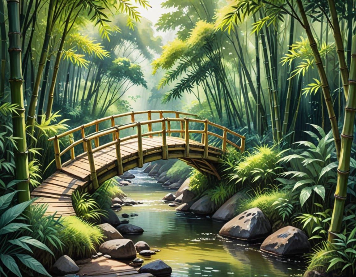 Bamboo Bridge in Lush Woodland with Flickering Sunlight