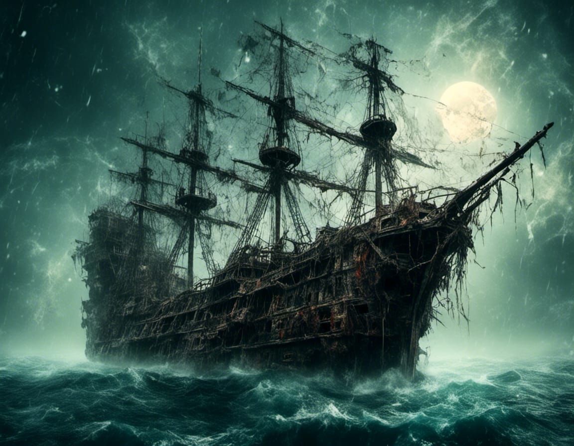 Eerie Ghost Ship Sailing on Rough Seas
