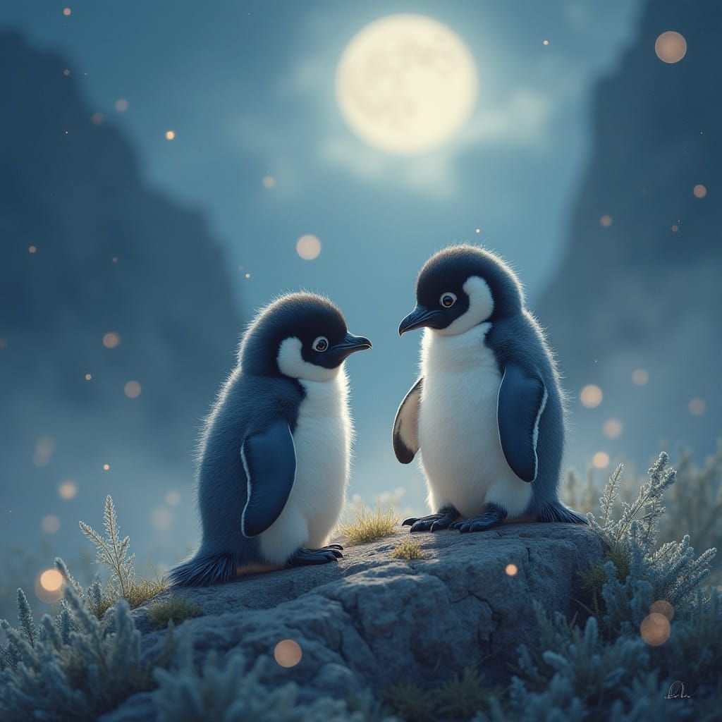 Serene Moonlit Penguins Amidst Ethereal Landscape
