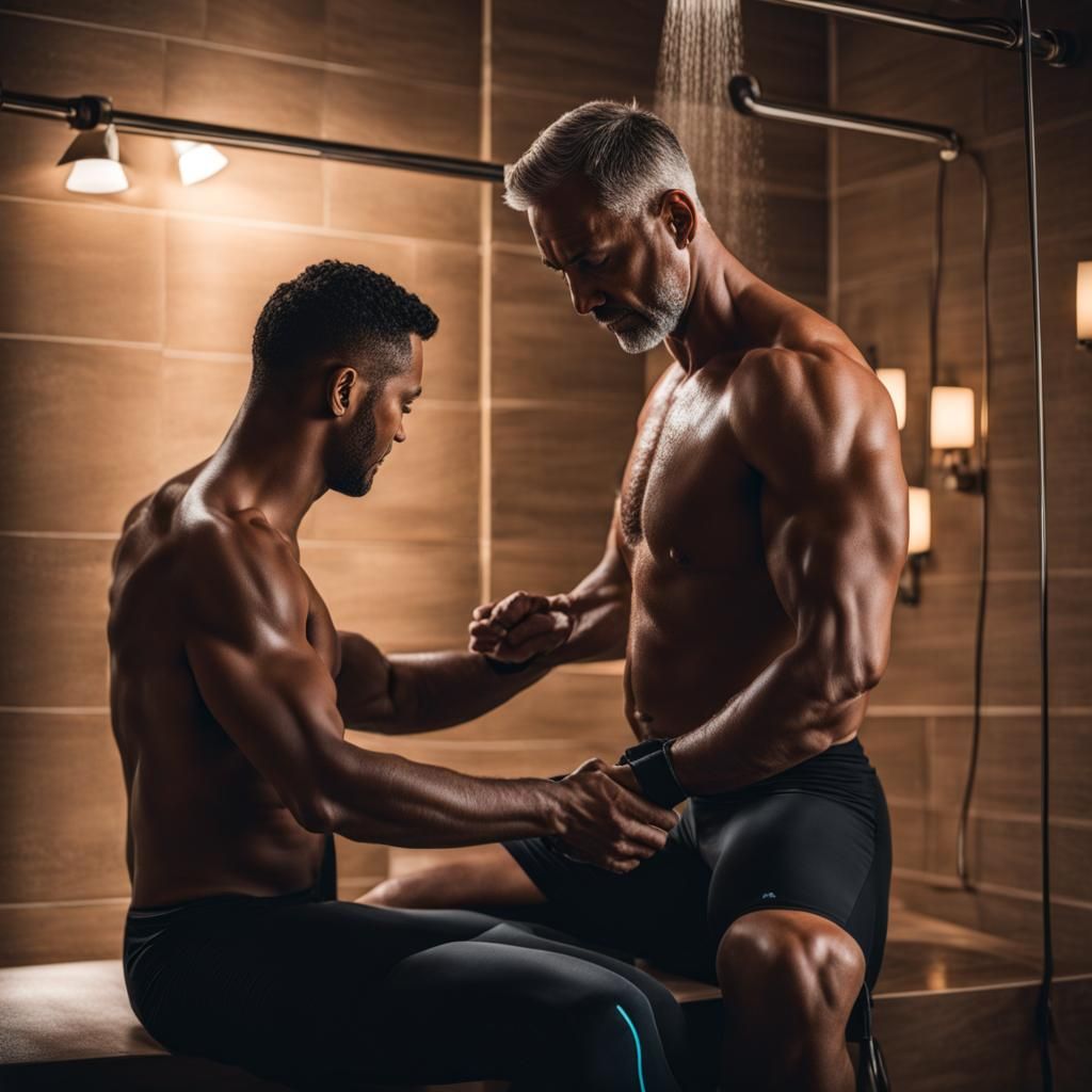 Muscular Coach Massaging Athlete in Shower