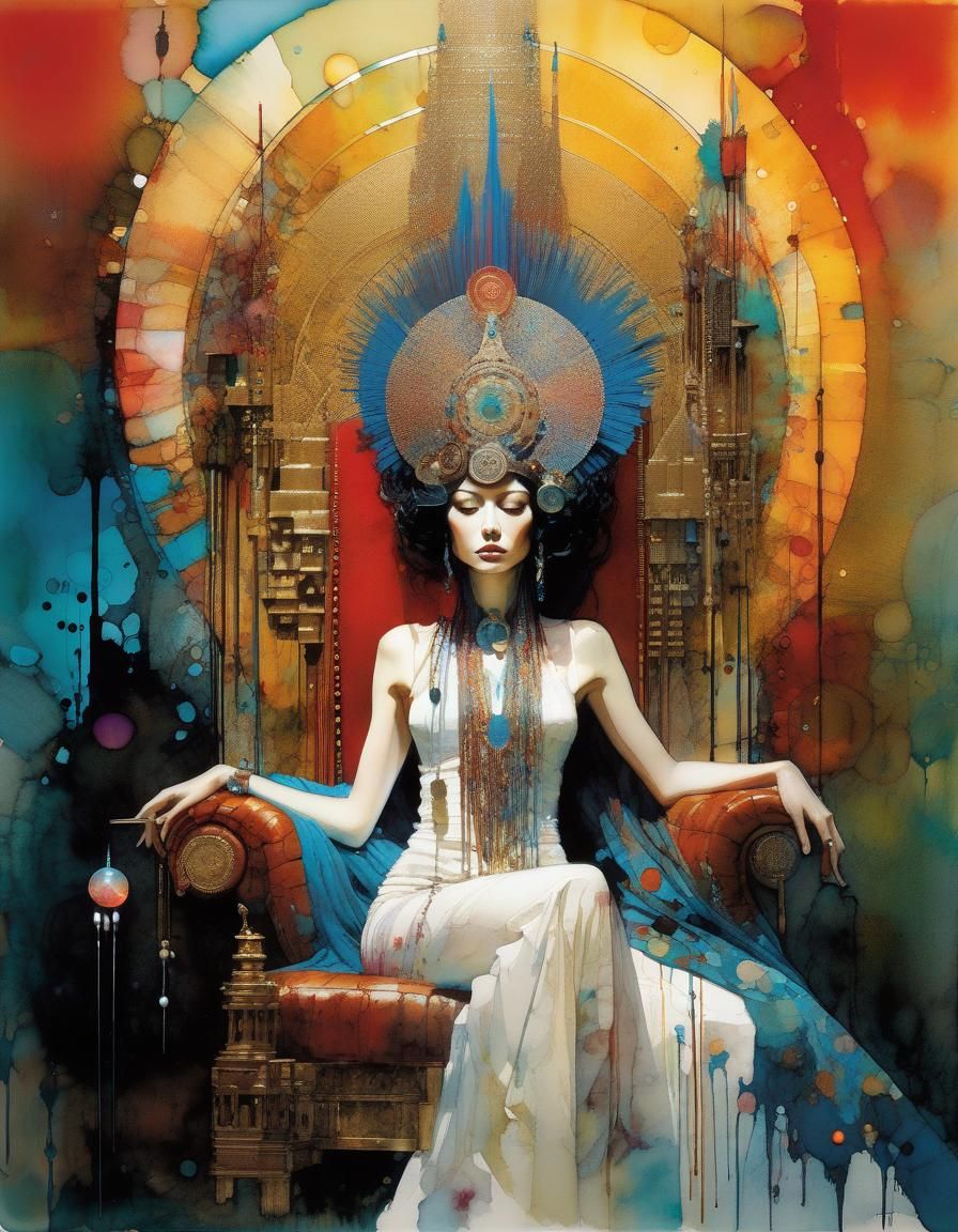 Bored Goddess on Throne in Collage Art Style