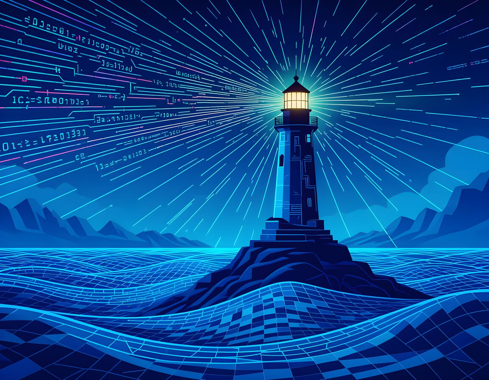 Lighthouse in Binary Sea with Synthwave Cyber Landscape