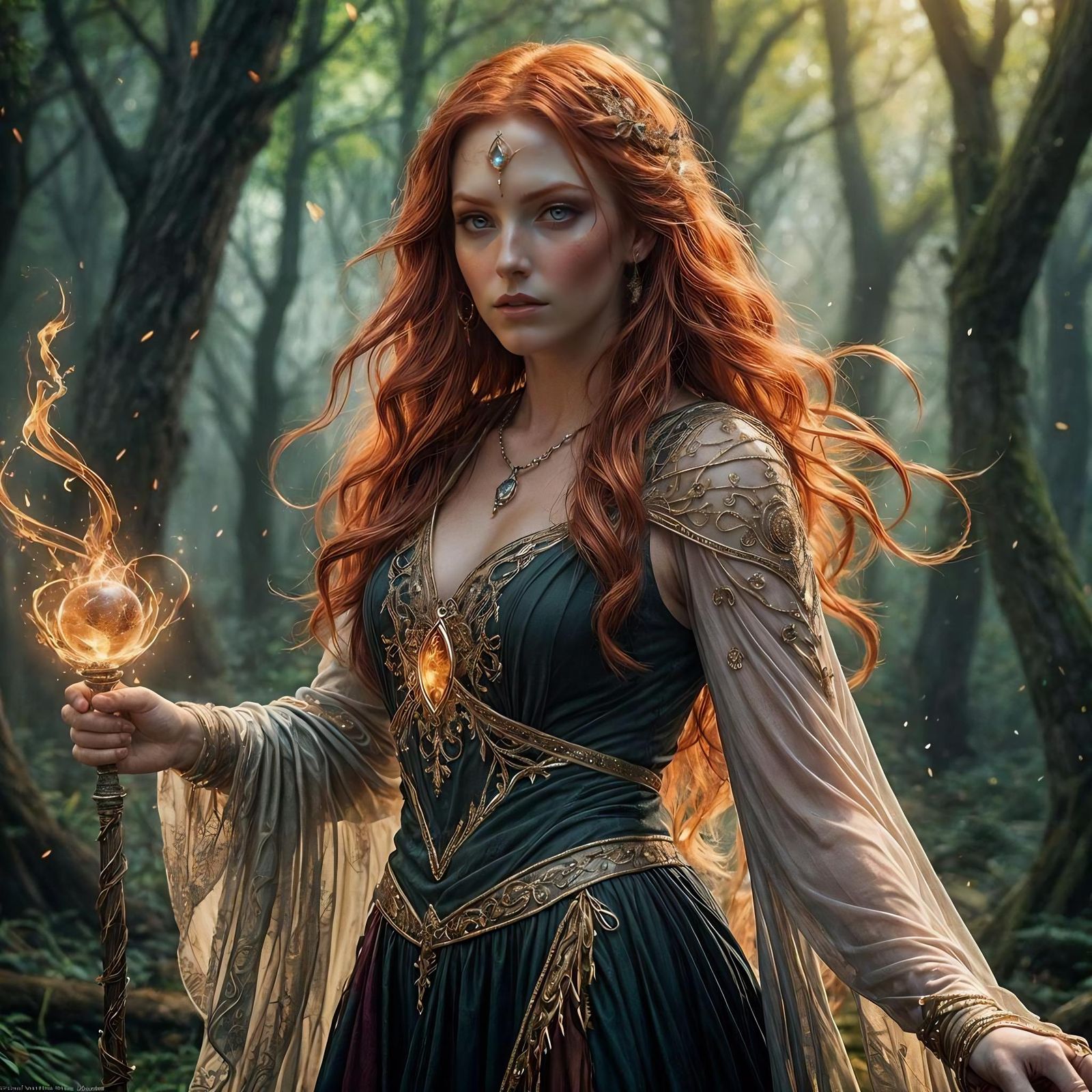 Enchanting Sorceress with Fiery Hair and Magical Aura