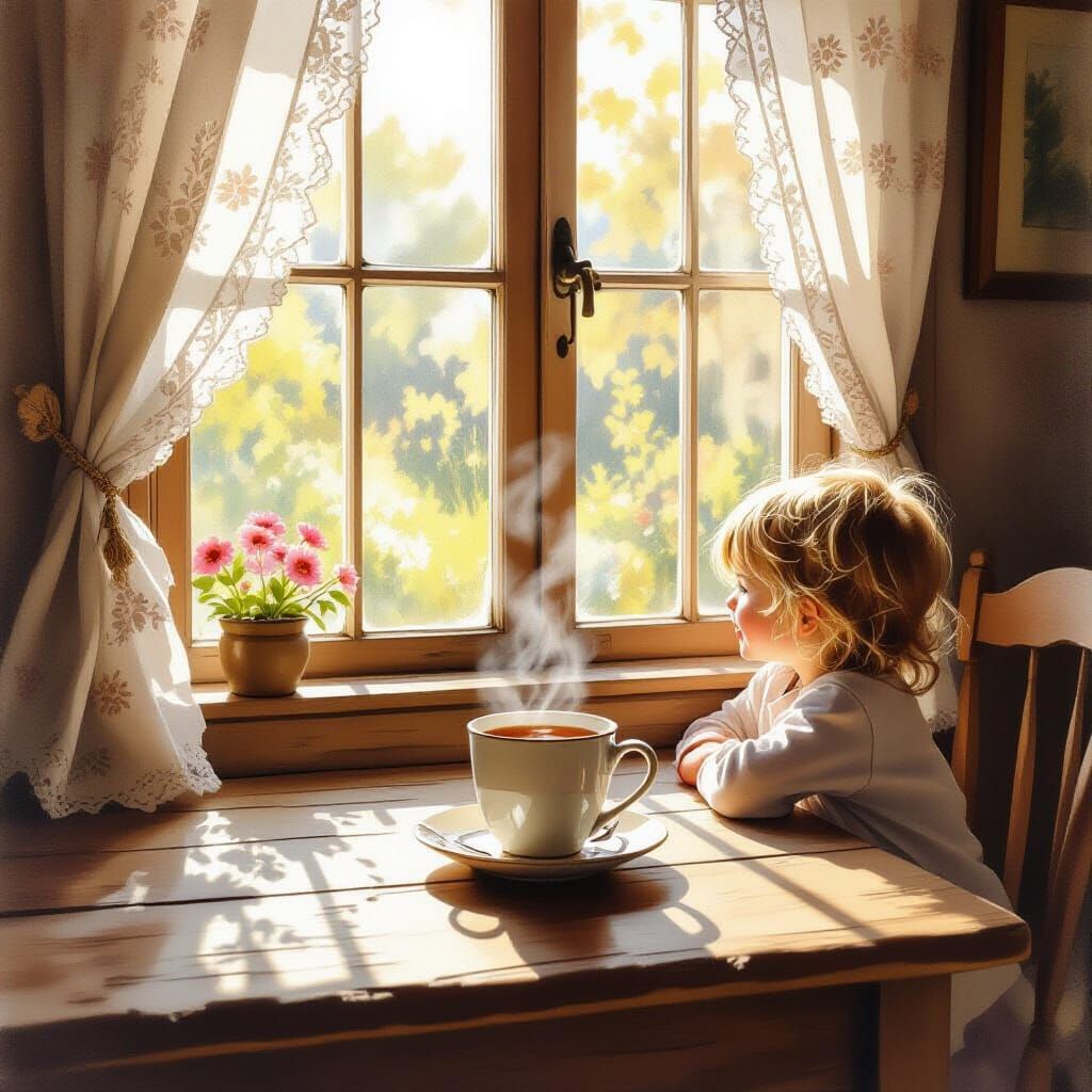Cozy Cottage Interior with Child and Tea in Watercolor Style