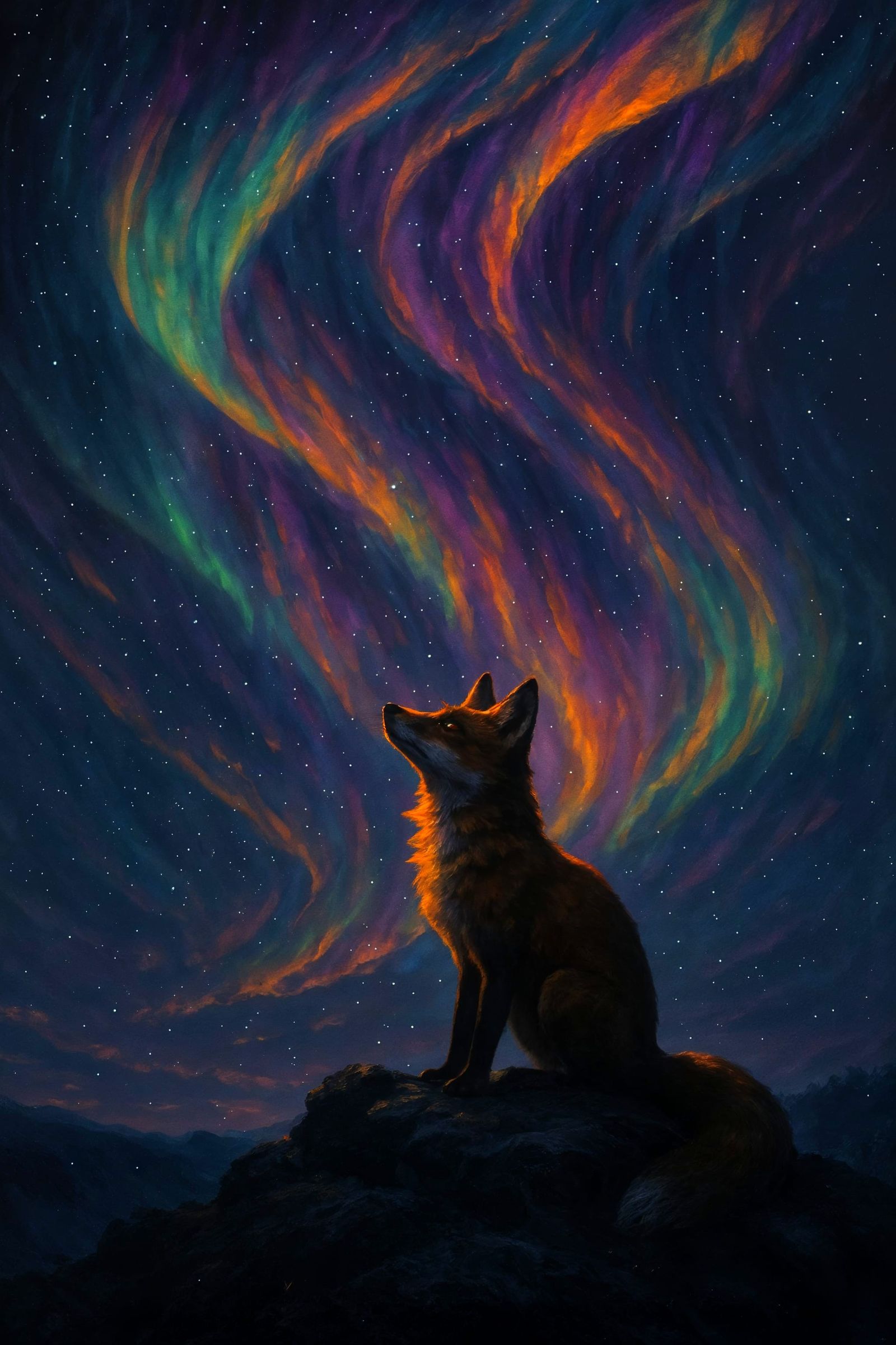 Fox Observes Aurora Borealis in Digital Painting