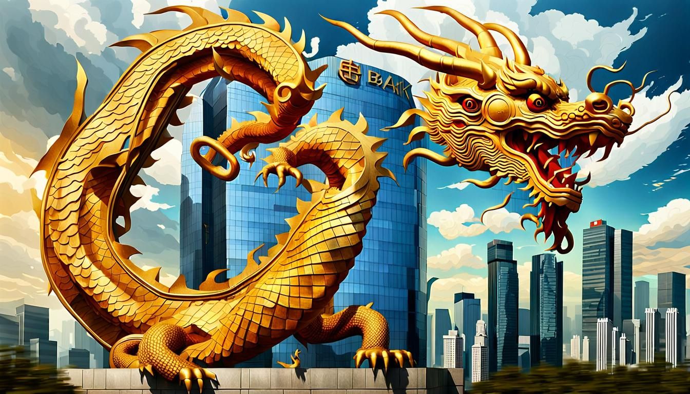 Dragon Coils Around Beijing Skyscraper in Art Nouveau Style