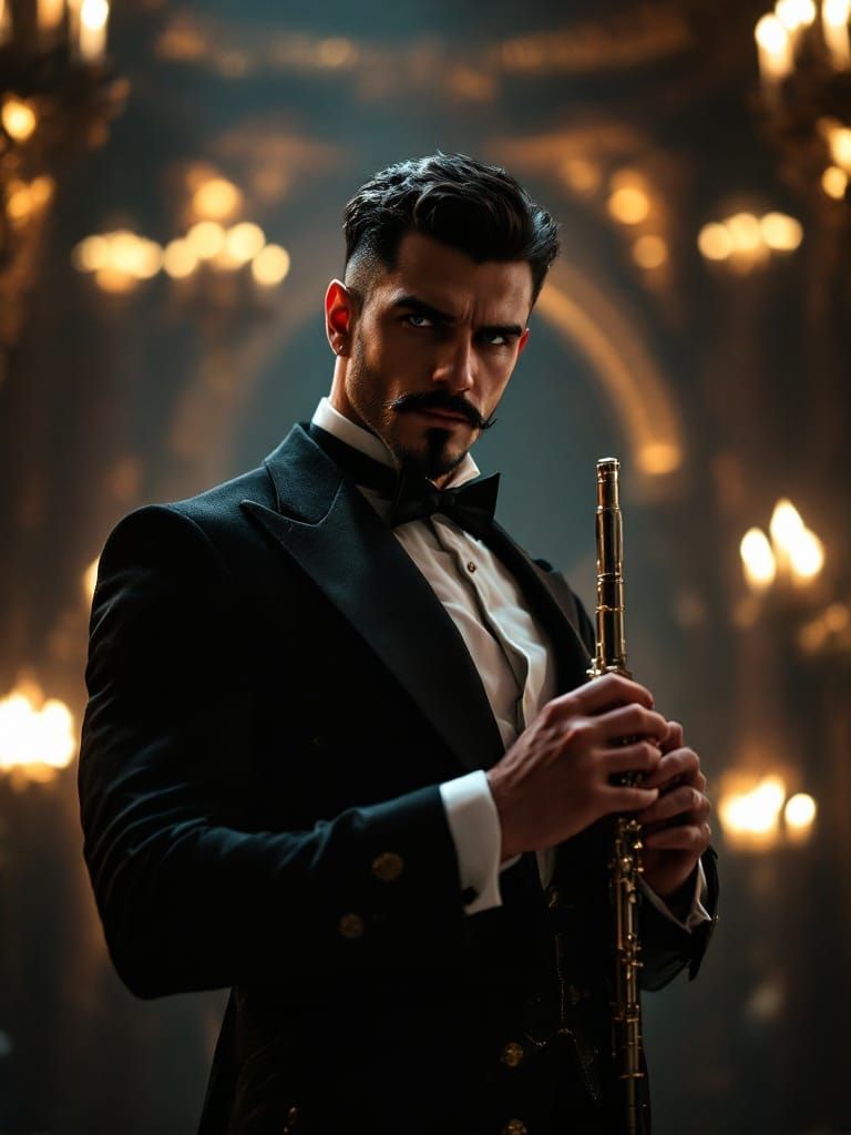 Chiseled Musician in Vintage Tuxedo, Holding a Glowing Silve...