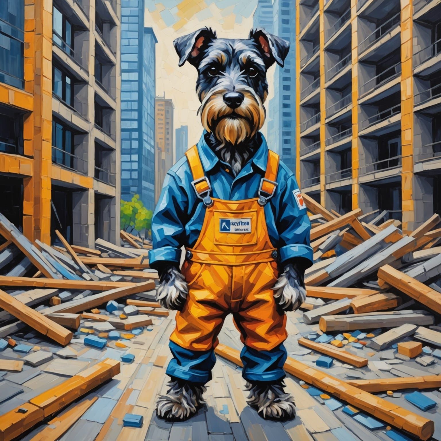 Schnauzer Dog Construction Worker in Impasto Oil Painting