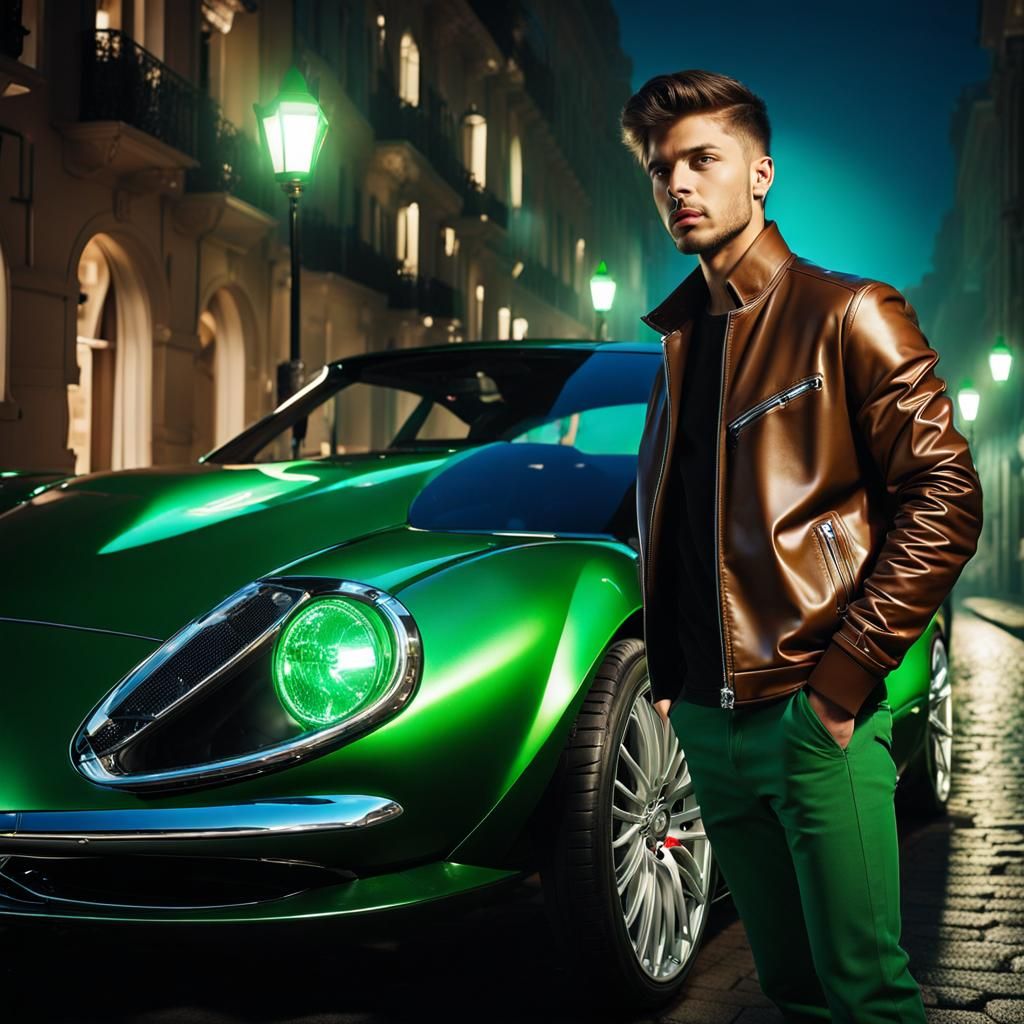 Young Man and Green Ferrari at Magical Night