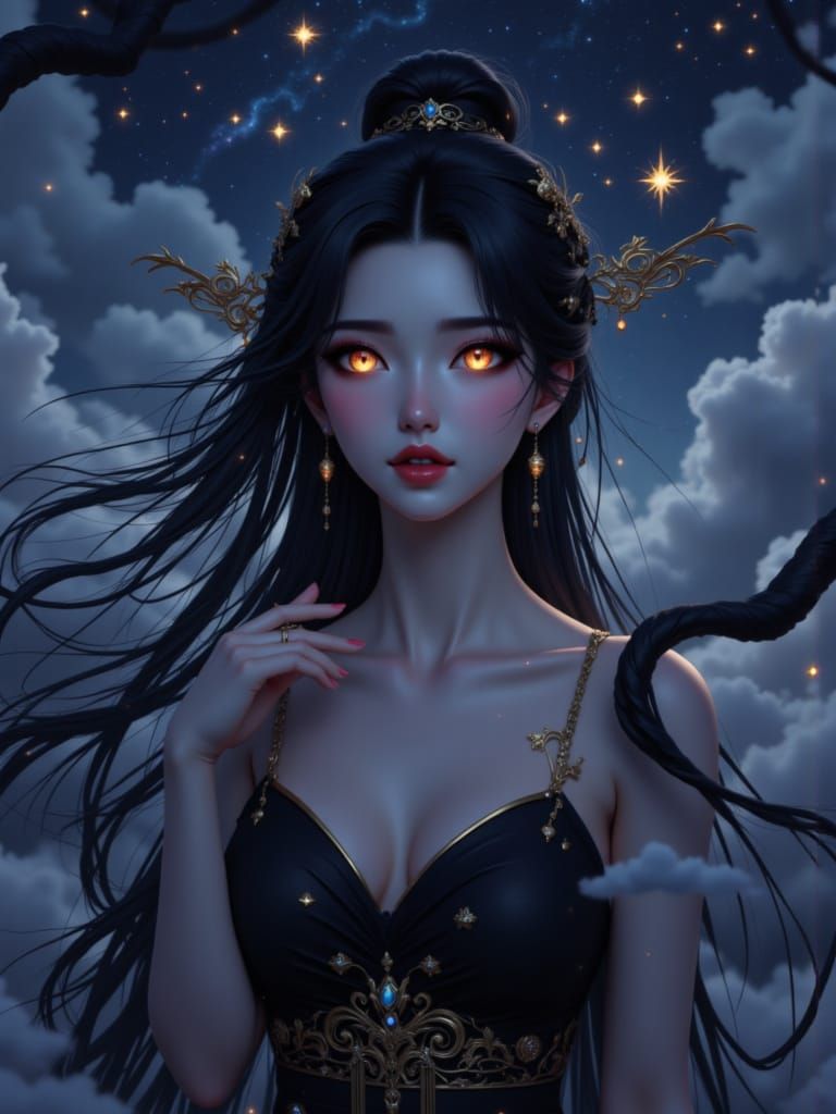 Elegant Donghua Woman in Night Sky Setting