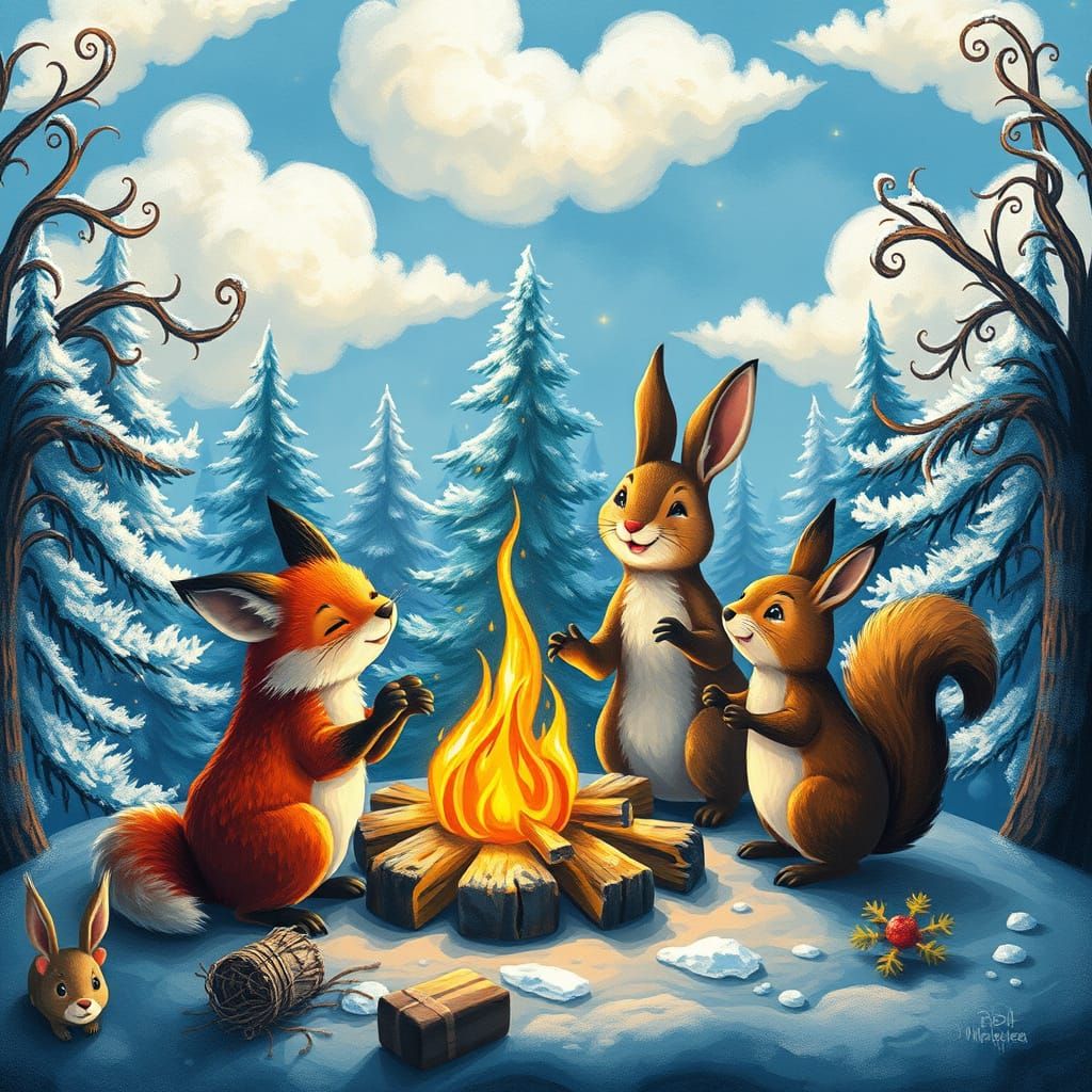 Winter Woodland Gathering in Vibrant Abstract Style