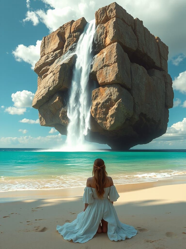 Surreal Beach Scene with Floating Island