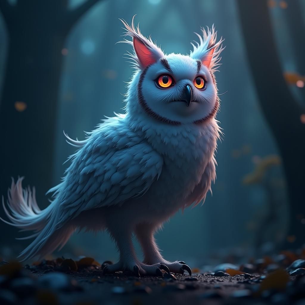 Mystical Owl-Cat Hybrid in a Twilight Realm