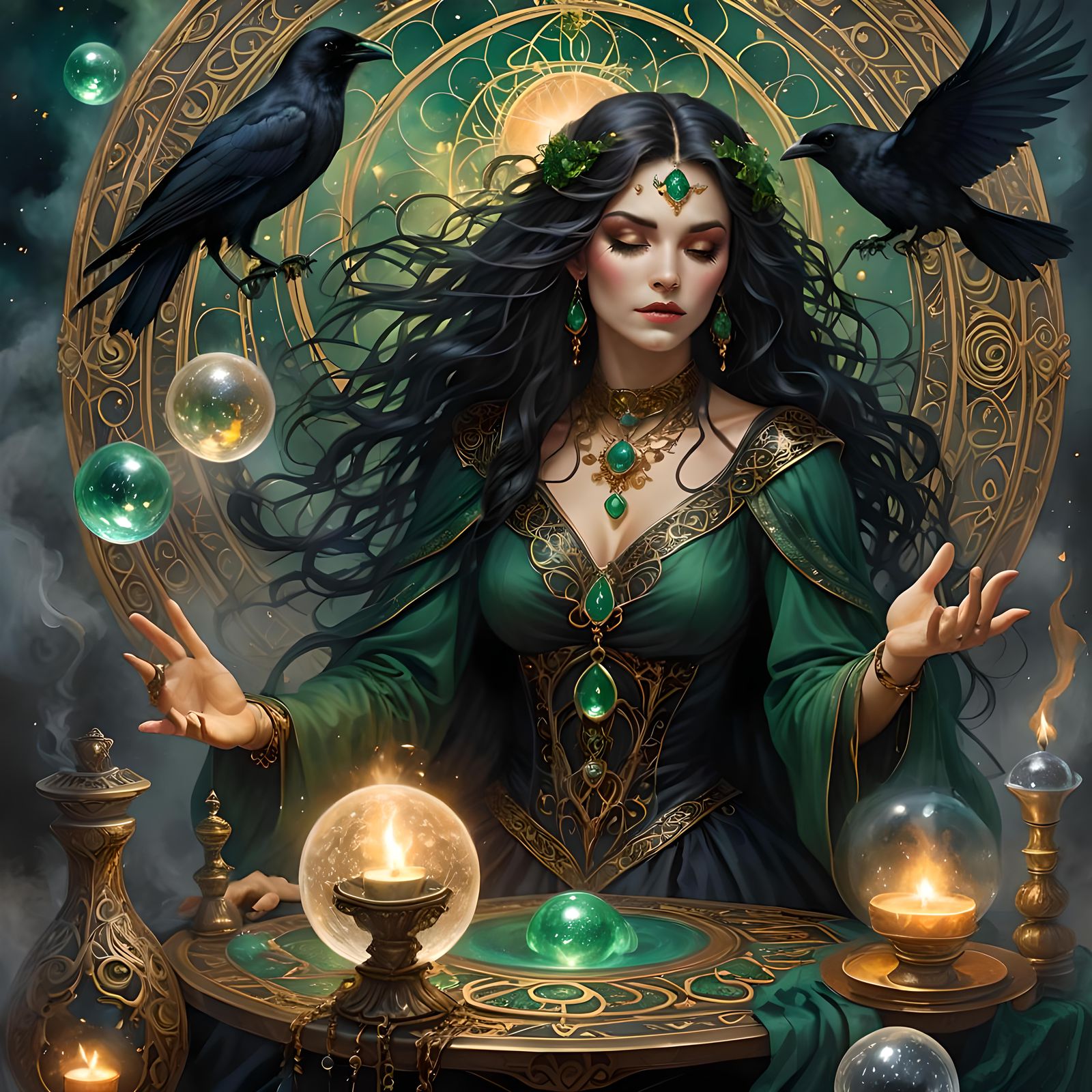 Mystical Witch Gazing into Crystal Ball, Digital Art