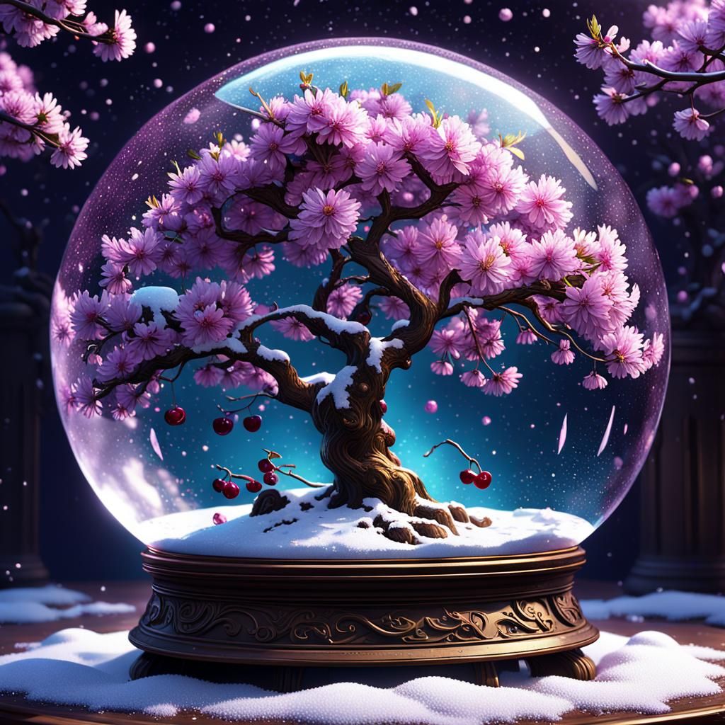 Cherry Tree Snow Globe in Dark Fantasy Style