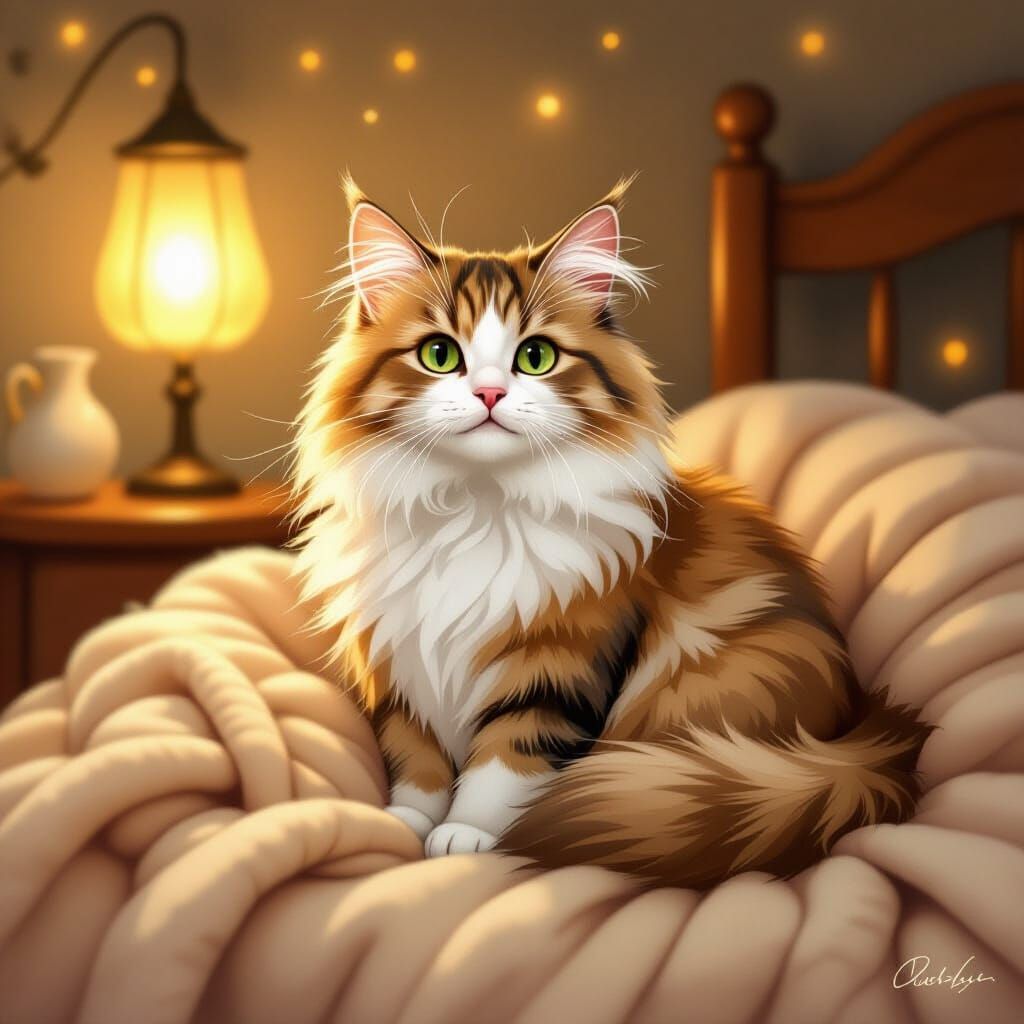Fluffy Cat on Blanket in Watercolor Illustration Style