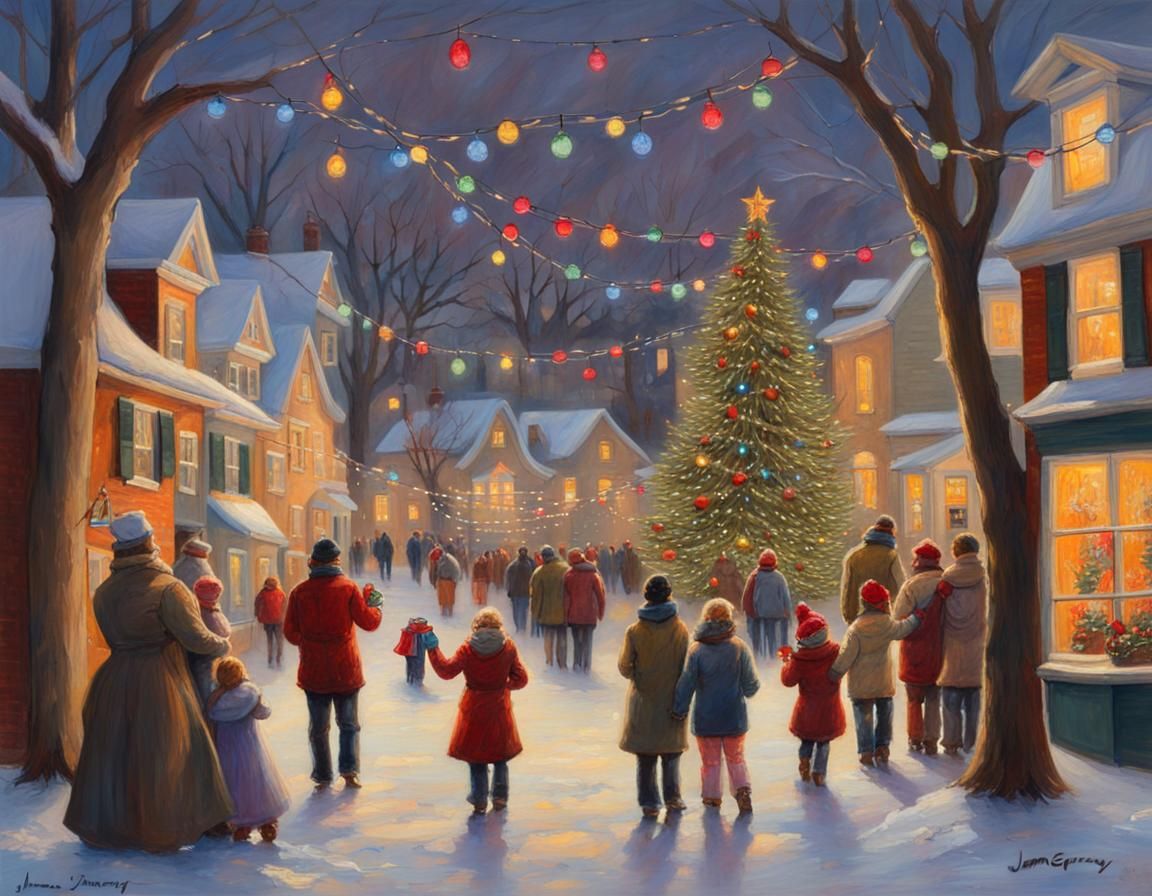 Christmas Tree of Handprints in Town Square, Oil Painting