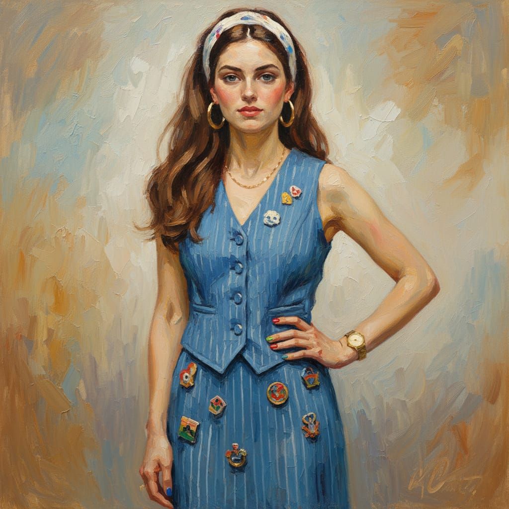 Woman in Blue Striped Suit, Impressionist Oil Painting