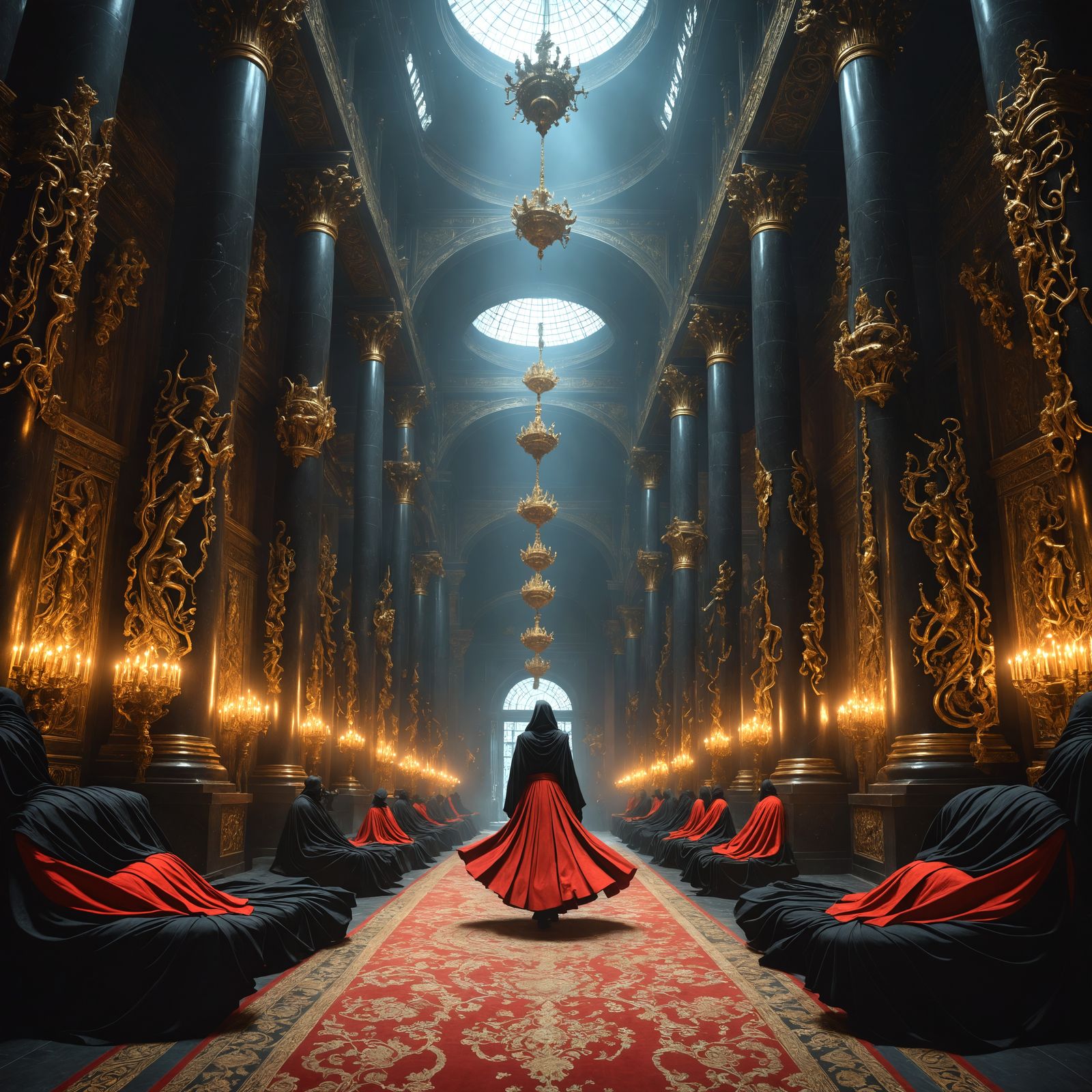 Surreal Ancient Ballroom in Dark Hyperkraximalismus Style