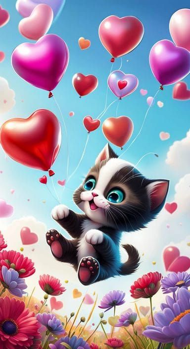 Kitten Floating with Balloons: Hyperrealistic 3D Art