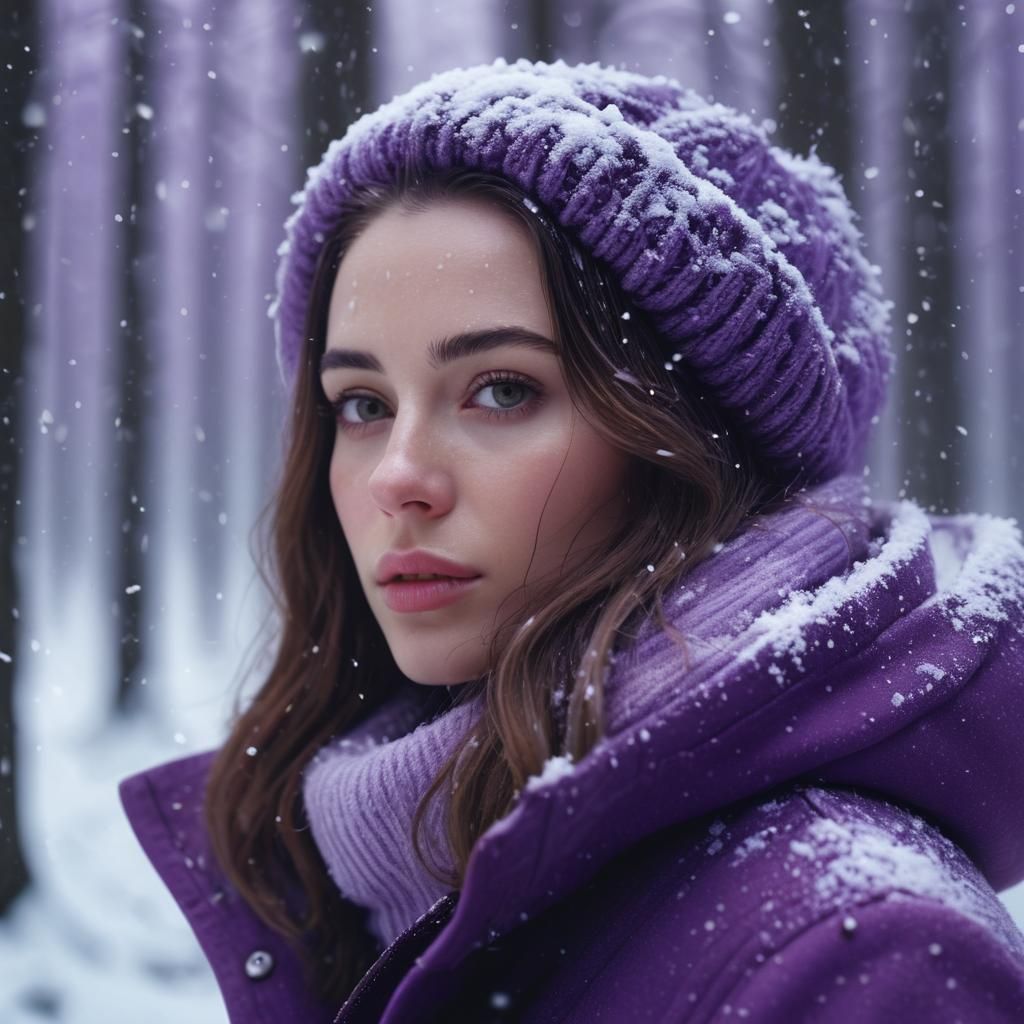 Young Woman in Purple Coat in Winter Woodland