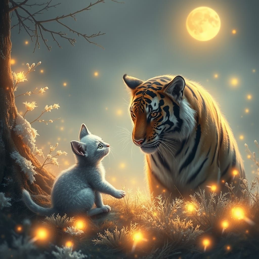 Moonlit Encounter Between Whimsical Cat and Tiger