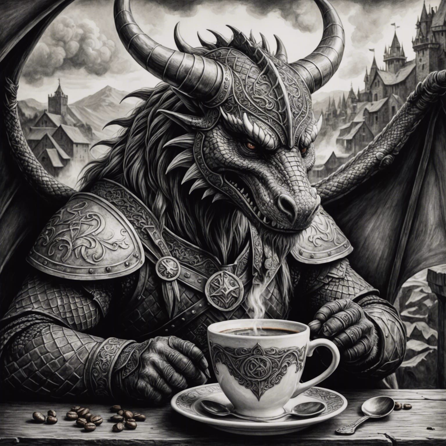 Viking Dragon's Coffee Break: Detailed Charcoal Art