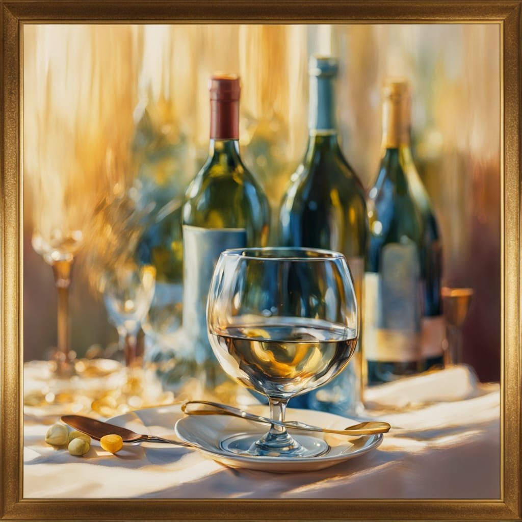 Golden Wine Glass Still Life in Impressionistic Style