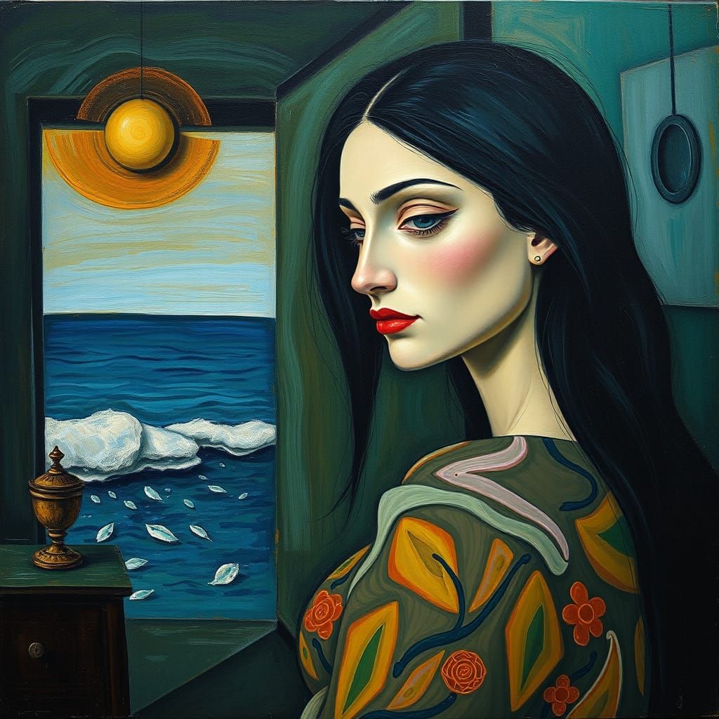 Surrealist Young Woman Retires in Abstract Oceanfront Bedroo...