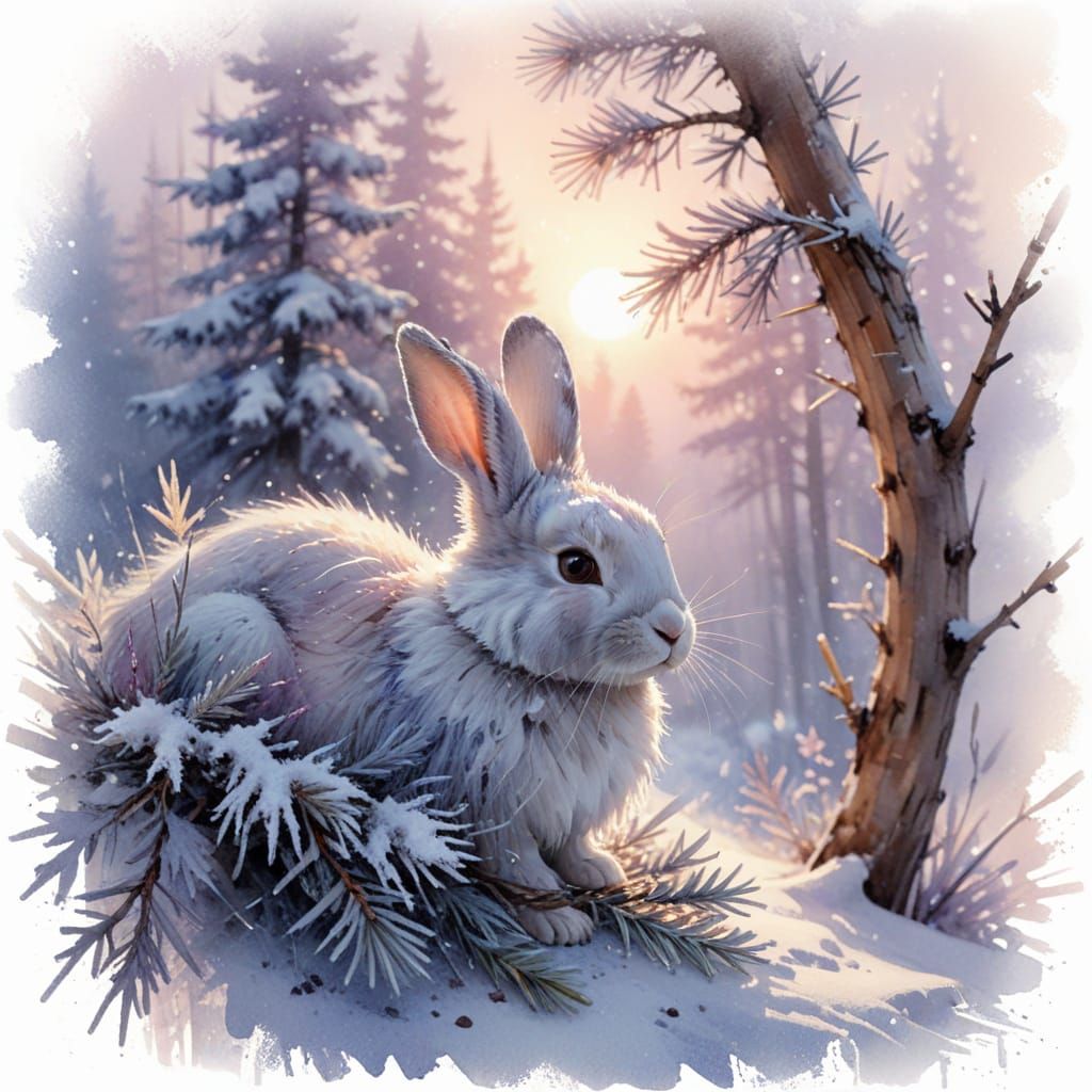 Pastel Alpine Bunny at Winter Dawn in Watercolor