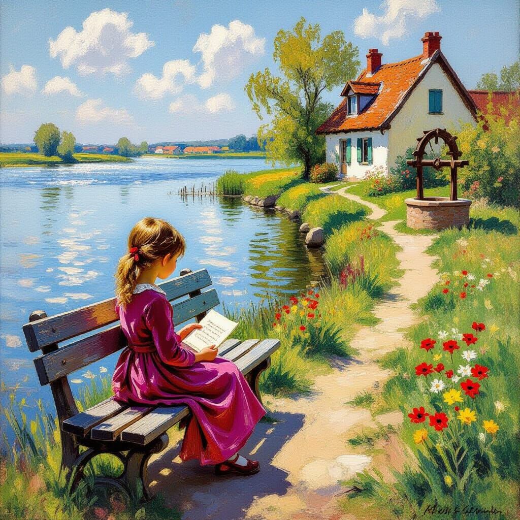 Girl by Riverbank in Pink Dress, Impressionistic Style