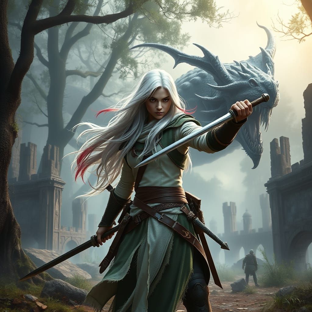 Ethereal Warrior Stands Against Undead Dragon in Mystical Fo...