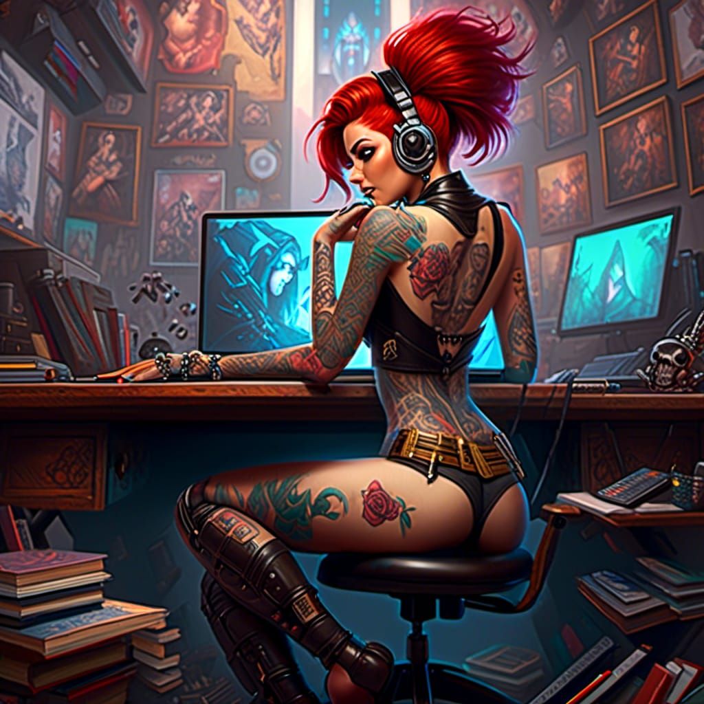 Tattooed Redhead Corporate Boss in Office