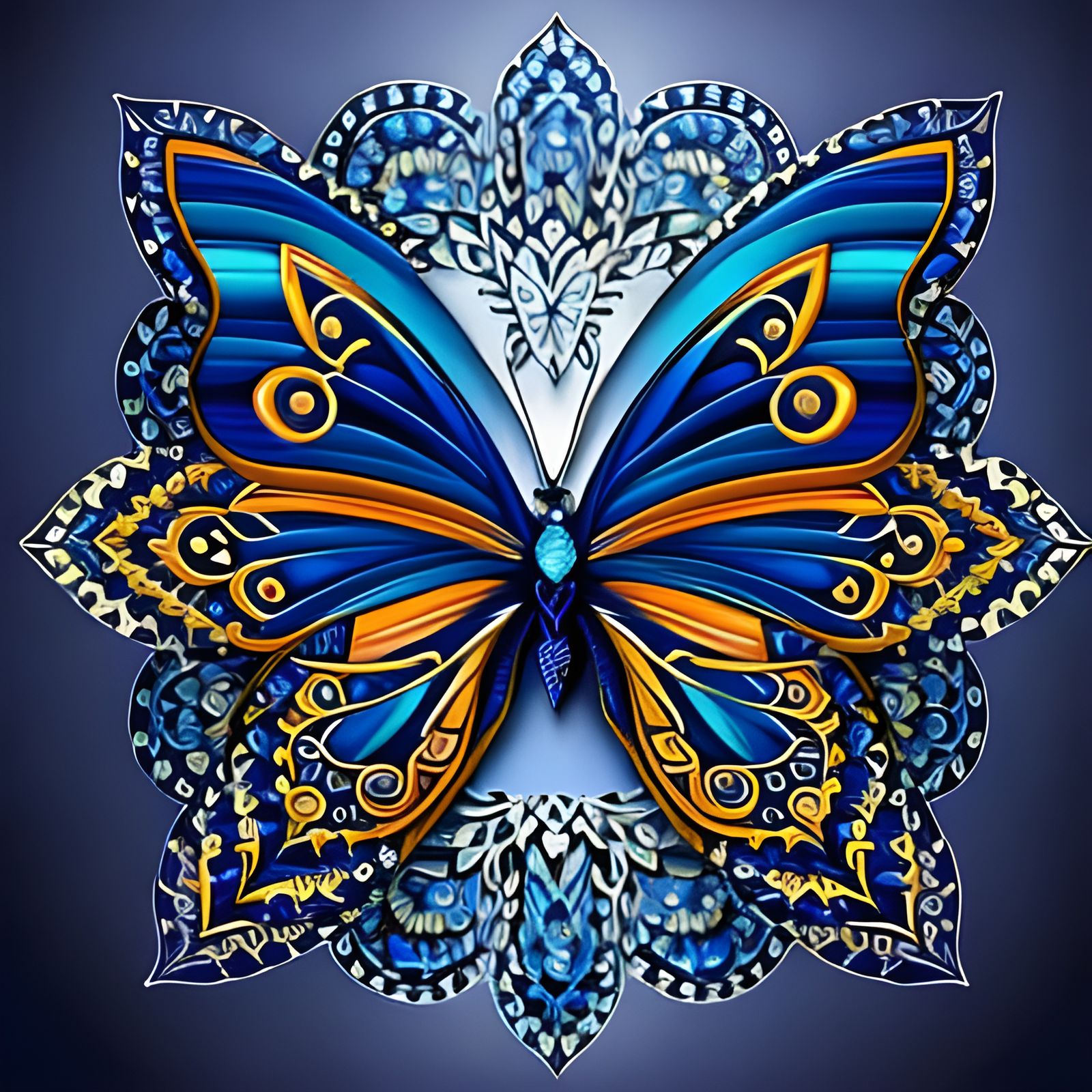 Ornate Mandala Butterfly in Rich Blue Shades