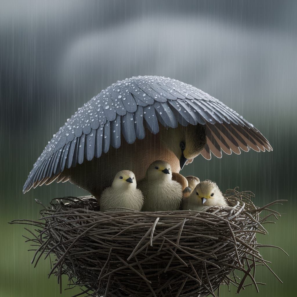 Mother Bird Shields Chicks in a Rainy Nest Scene