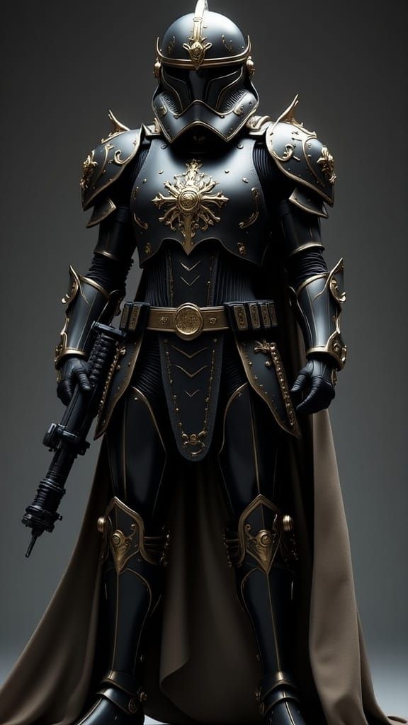 Sleek Stormtrooper in High-Gloss Black Armor with Golden Acc...