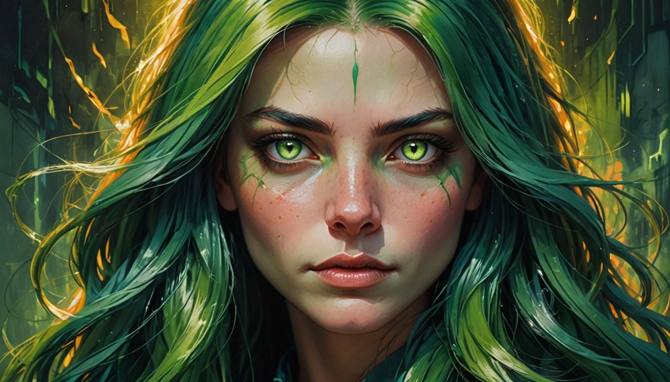Green-haired Woman Portrait in Oil Painting Style
