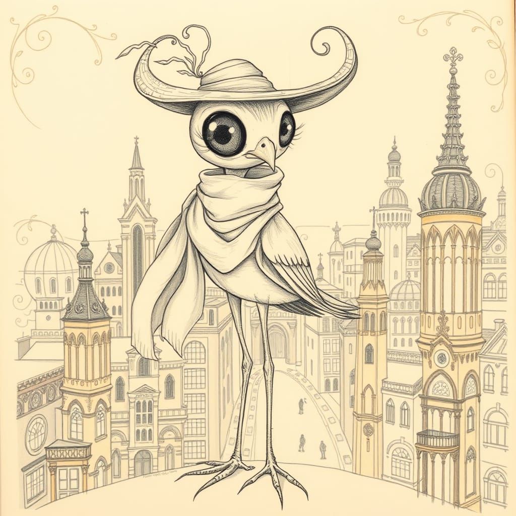 Whimsical Bird in Art Nouveau Cityscape