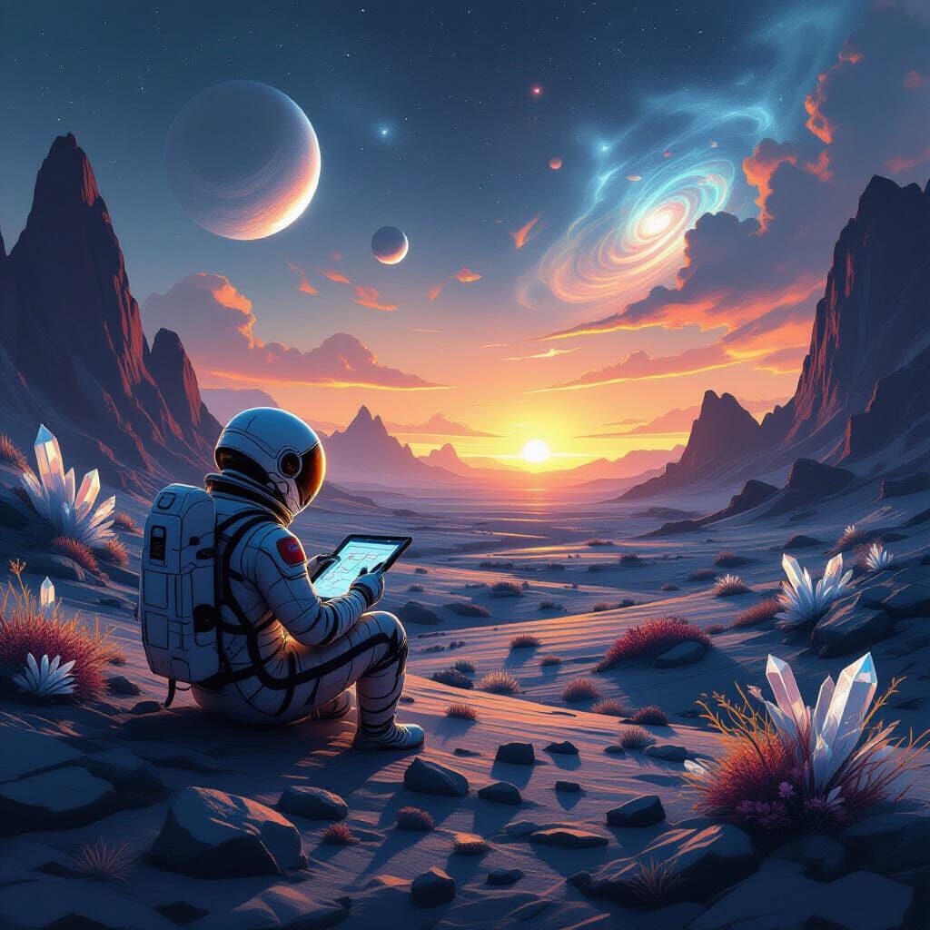Astronaut Sketches Alien Flora on Binary Sunset World