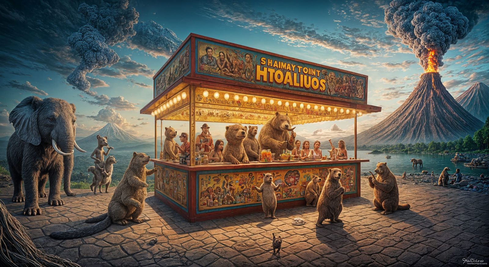 Surreal Hotdog Stand with Animals in Golden Light