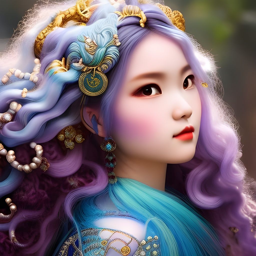 Elegant Ainu Girl with Blue Hair in Art Nouveau