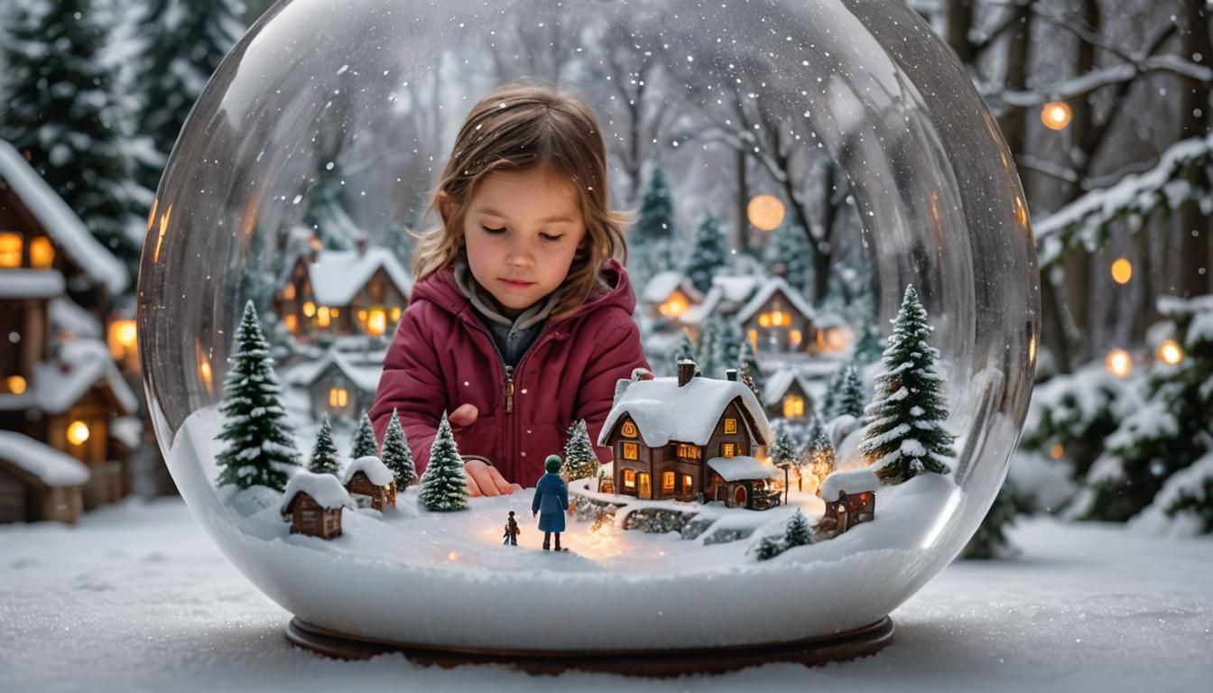 Child Gazing in Wonder at Crystal Snow Globe